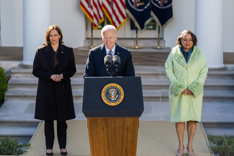 Joe Biden, Kamala Harris, and Michelle Duster in front of the White House