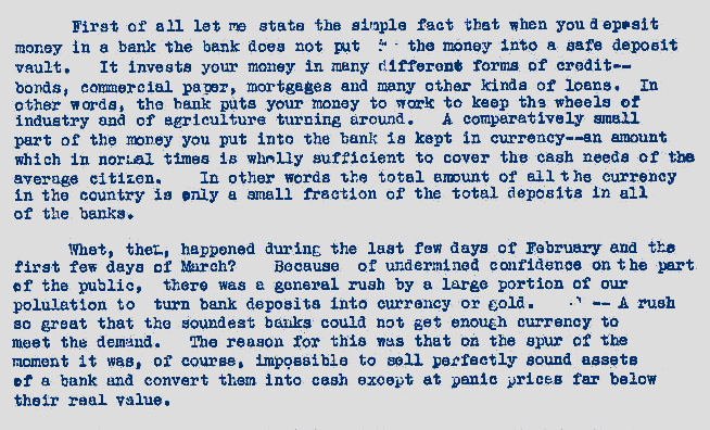 typewritten text from FDR's first fireside chat
