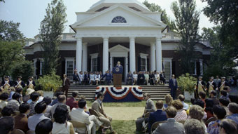 Gerald Ford speaking at the annual naturalization ceremony at Monticell