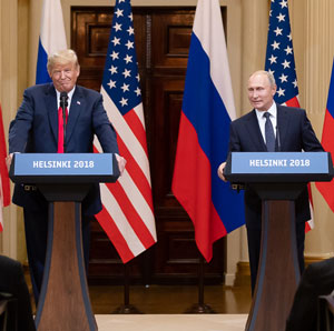 Donald Trump and Vladimir Putin at lecterns