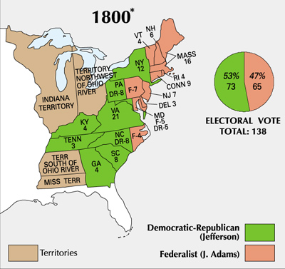 Map of the US with election results of 1800 by electorate in each state.
