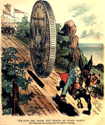 Political cartoon of Democratic donkey fleeing from giant silver dollar