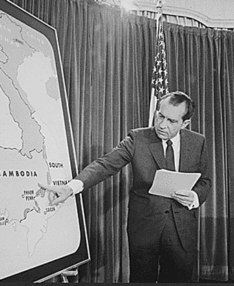 Richard Nixon points to a map of Cambodia