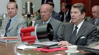 Ronald Reagan with George Shultz and James Baker