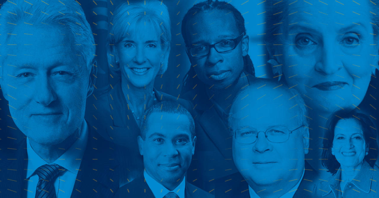 Collage of prominent guests to Miller Center events: President Clinton, Karl Rove, Madeleine Albright