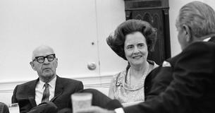 President Lyndon B. Johnson meets with Senator Lister Hill and Mary Lasker