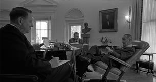 Cartha D. "Deke" DeLoach, Mr. Eldon James, and President Lyndon B. Johnson sit in Oval Office