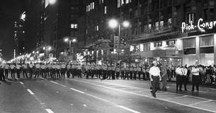 Police line up across road in Chicago during the Democratic National Convention in 1968