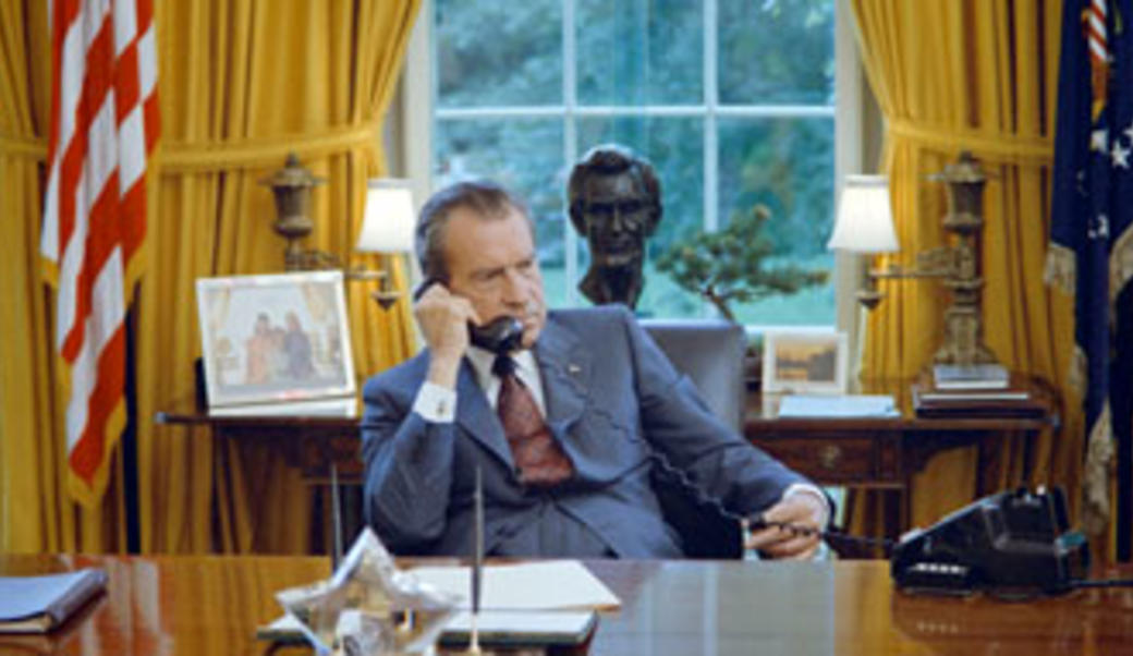 President Nixon on the phone in the Oval Office