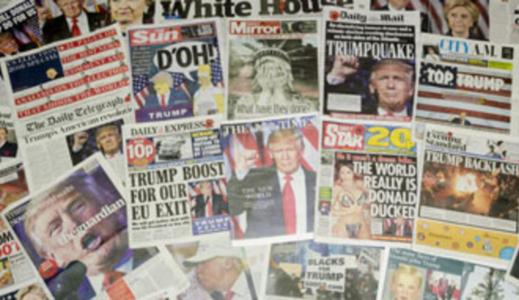 Newspapers announcing Donald Trump's election victory in 2016
