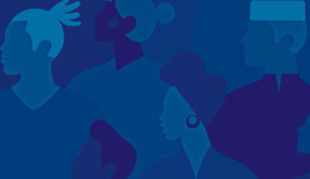 Dark blue collage of illustrated human silhouettes