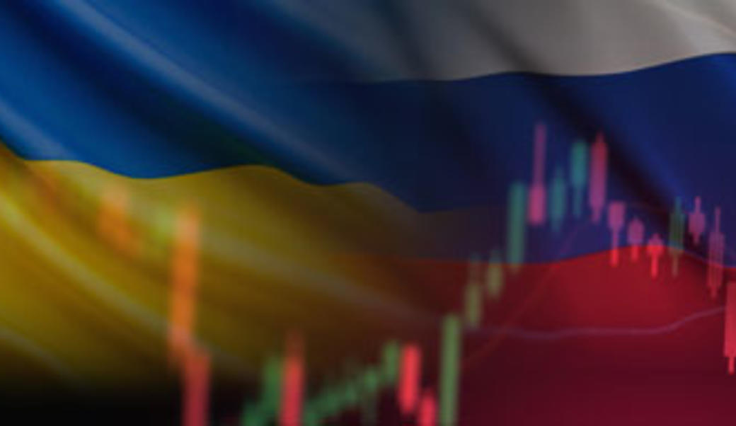 Ukraine and Russian flags with stock market graph