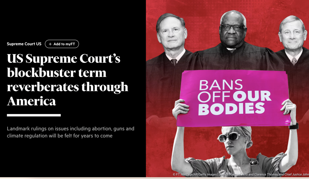 image of Supreme Court Justices Alito, Thomas, and Roberts with superimposed woman holding protest sign reading "Bans off our bodies"