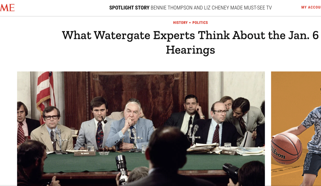 Senate Watergate committee Chairman Sen. Sam Ervin (D-NC) questions former presidential aide John Ehrlichman (back to camera) during the panel's hearing, July 27, 1973