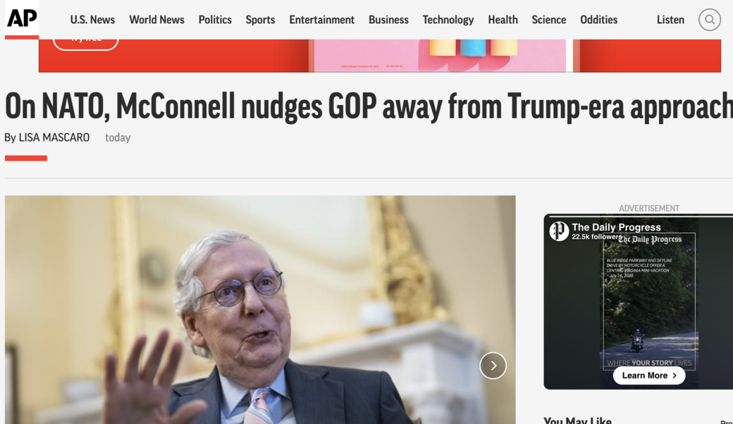 screenshot of AP headline and Mitch McConnell