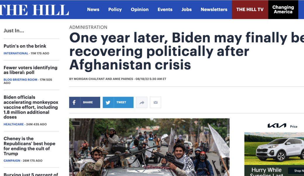 screenshot of headline from the Hill with photo of Taliban fighters in a parade in Afghanistan, Aug. 2022