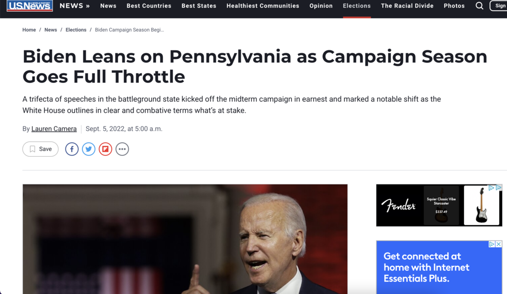 screenshot of article title and photograph of President Biden, September 2022