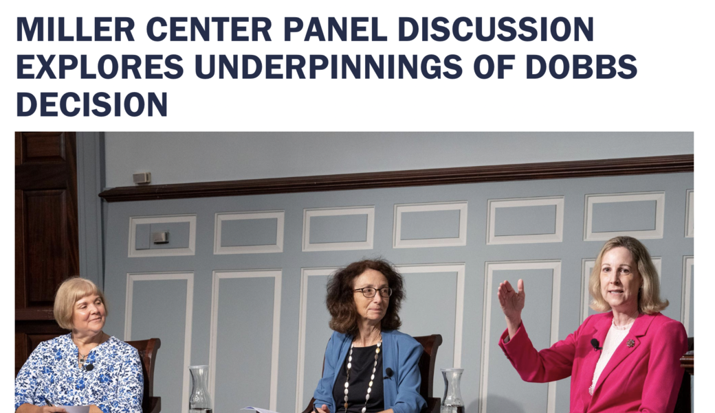 screenshot of UVA Today article title with photograph of Mimi Riley, Naomi Cahn, Barbara Perry on Sept. 8, 2022