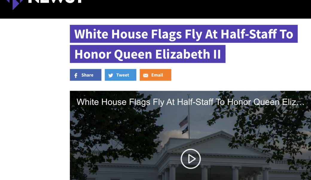 screenshot of headline and photograph of flag at half-staff flying above White House 
