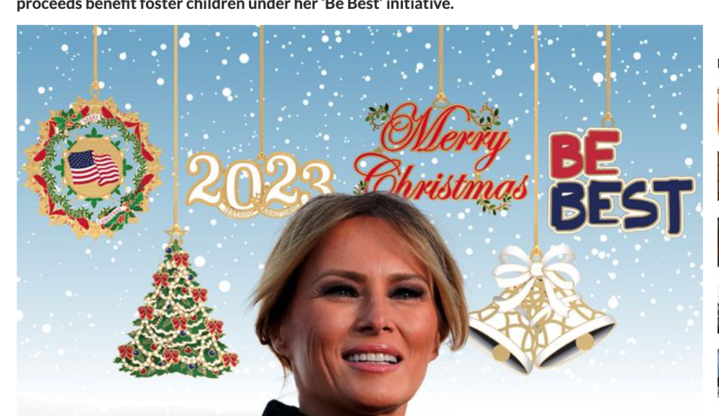 Screenshot of article headline and photograph of Melania Trump with hanging ornaments in background.