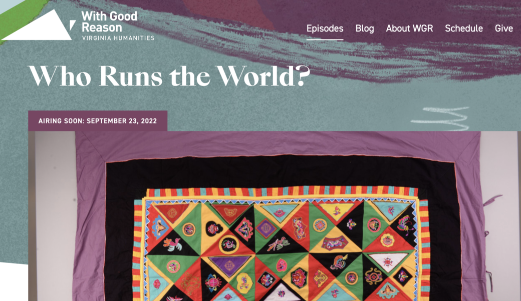screenshot of podcast headline and photograph of Zhuang quilted bedcover with embroidery, patchwork and triangle pattern. Quiltmaker: Huang Biyu from Xinzhou Township, Longlin County, Baise City, Guangxi Zhuang Autonomous Region, China. Image Source: Collection of the Anthropology Museum of Guangxi. Used with permission of the Anthropology Museum of Guangxi.