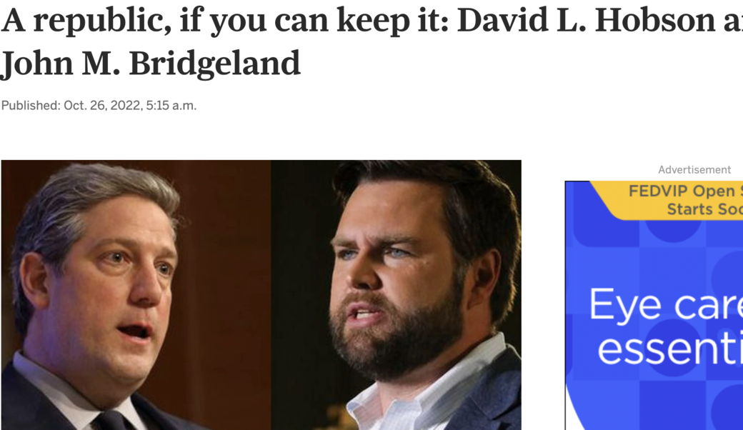 Screenshot of article headline with photo of Republican U.S. Senate nominee J.D. Vance, right, and his Democratic rival, U.S. Rep. Tim Ryan, left. 