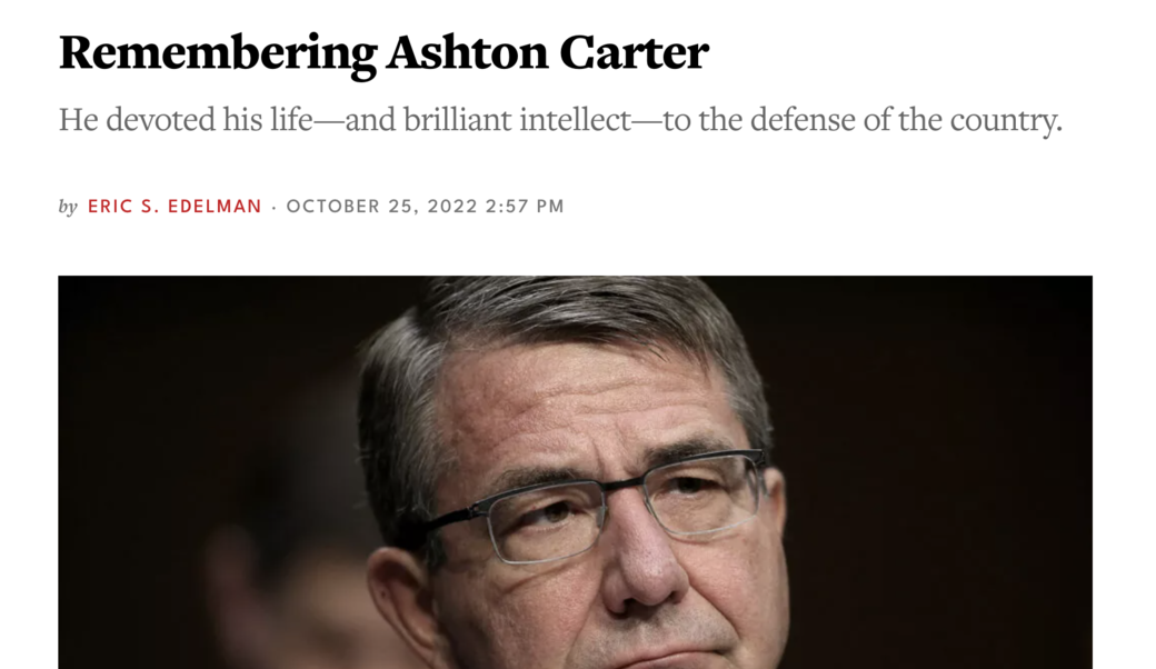 screenshot of article title with photograph of Ashton Carter