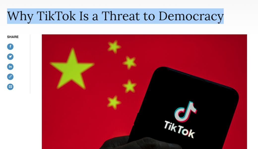 screenshot of article headline and image of Chinese flag and hand holding phone with TikTok logo