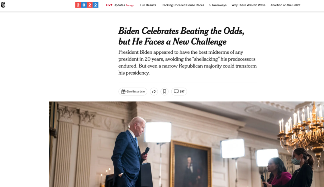 screenshot of article headline and photograph of President Biden talking to reporters