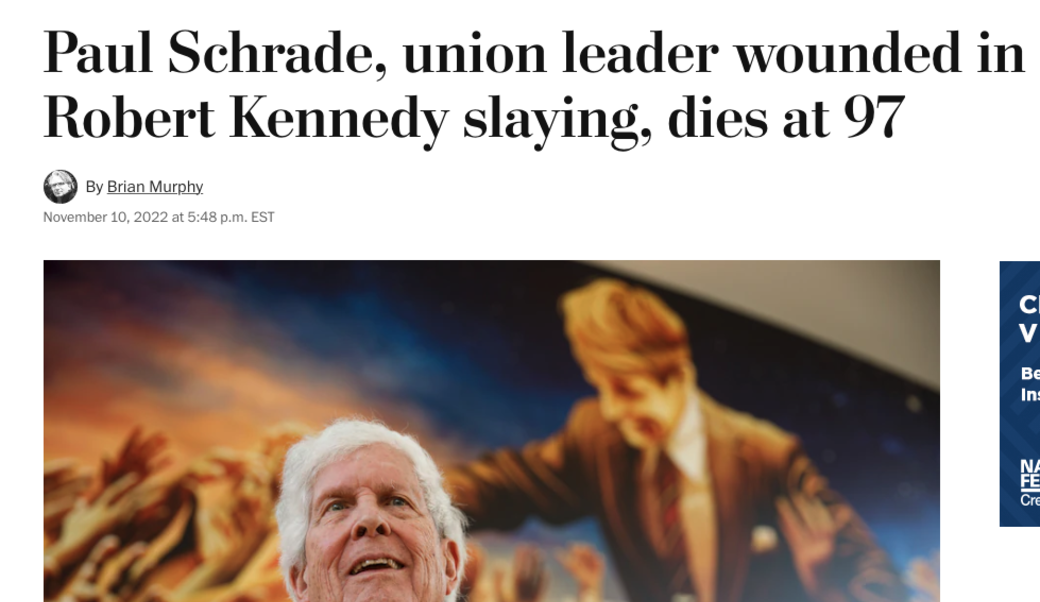 screenshot of article headline and photograph of Paul Schrade in 2018