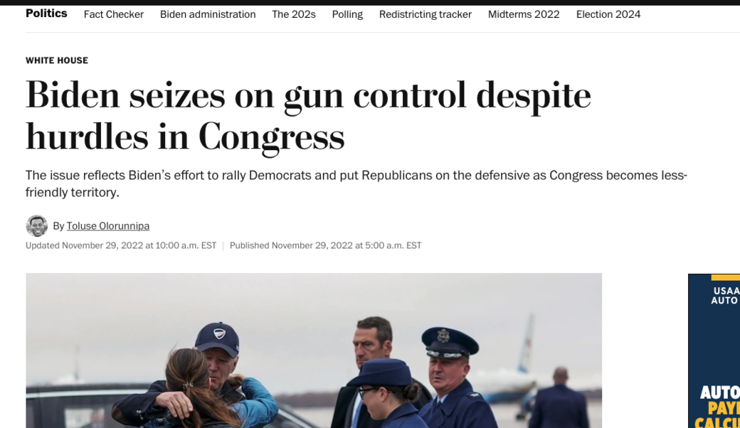 screenshot of article headline and photograph of President Biden embraces his daughter Ashley as he heads back to Washington after spending Thanksgiving in Nantucket, Mass. (Elizabeth Frantz/Reuters)
