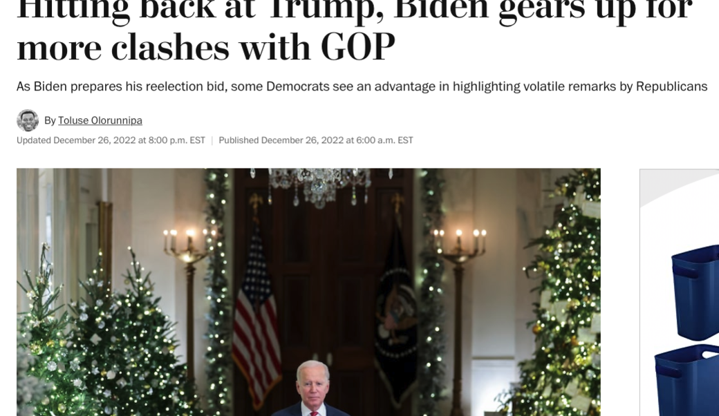 screenshot of article headline and photograph of President Joe Biden with decorated trees