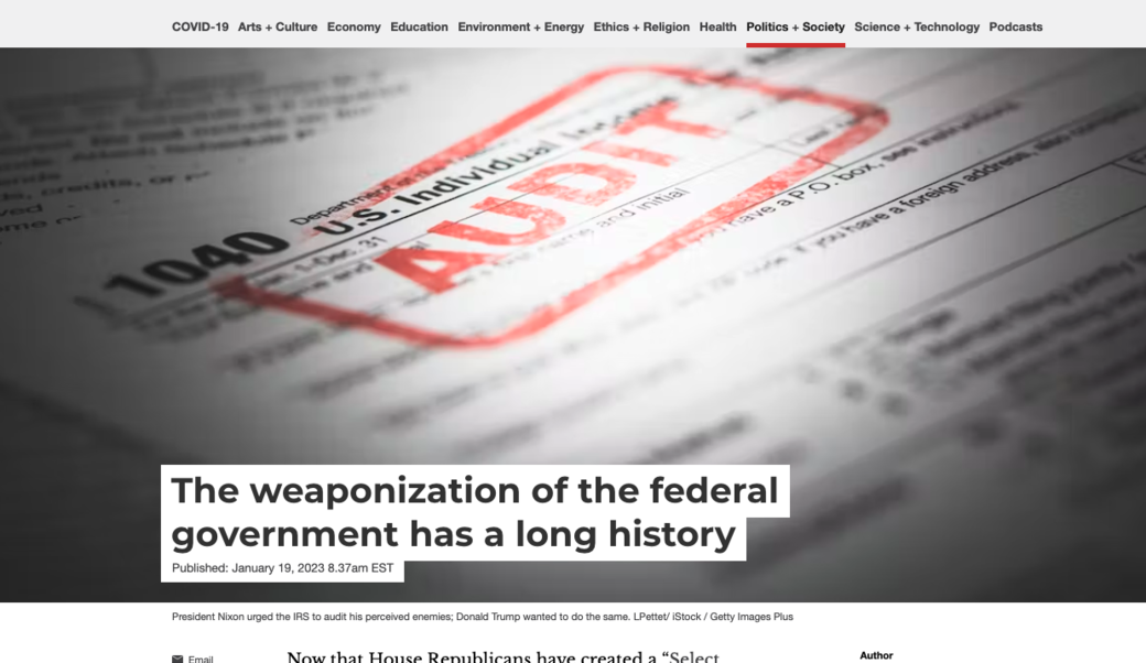 screenshot of article title and image of tax document with the word "Audit" stamped in red