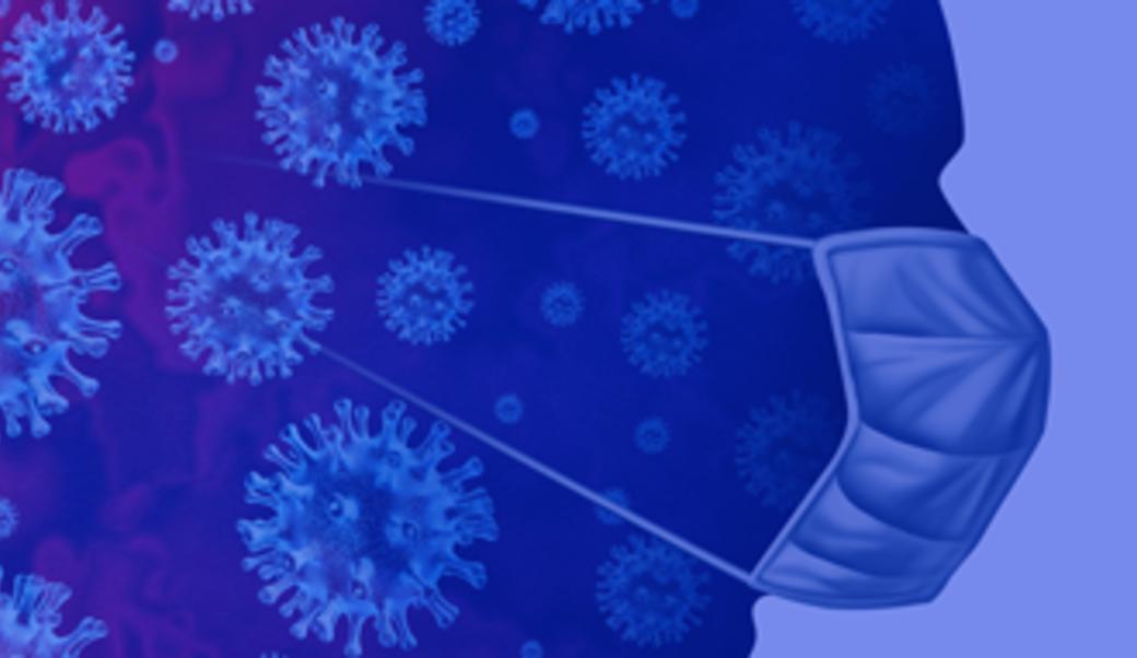 image of face wearing mask with COVID viruses behind