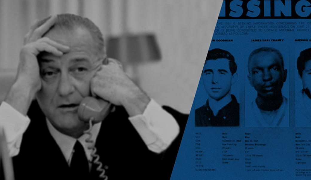 President Lyndon Johnson on the phone and a photo of the three missing civil rights workers
