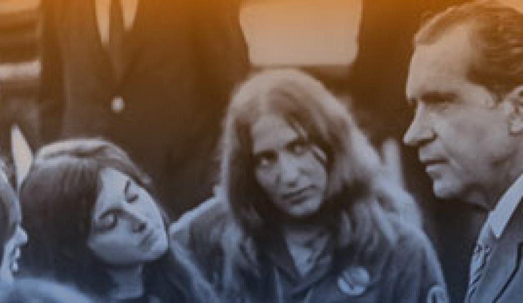 Richard Nixon talking with Vietnam protestors